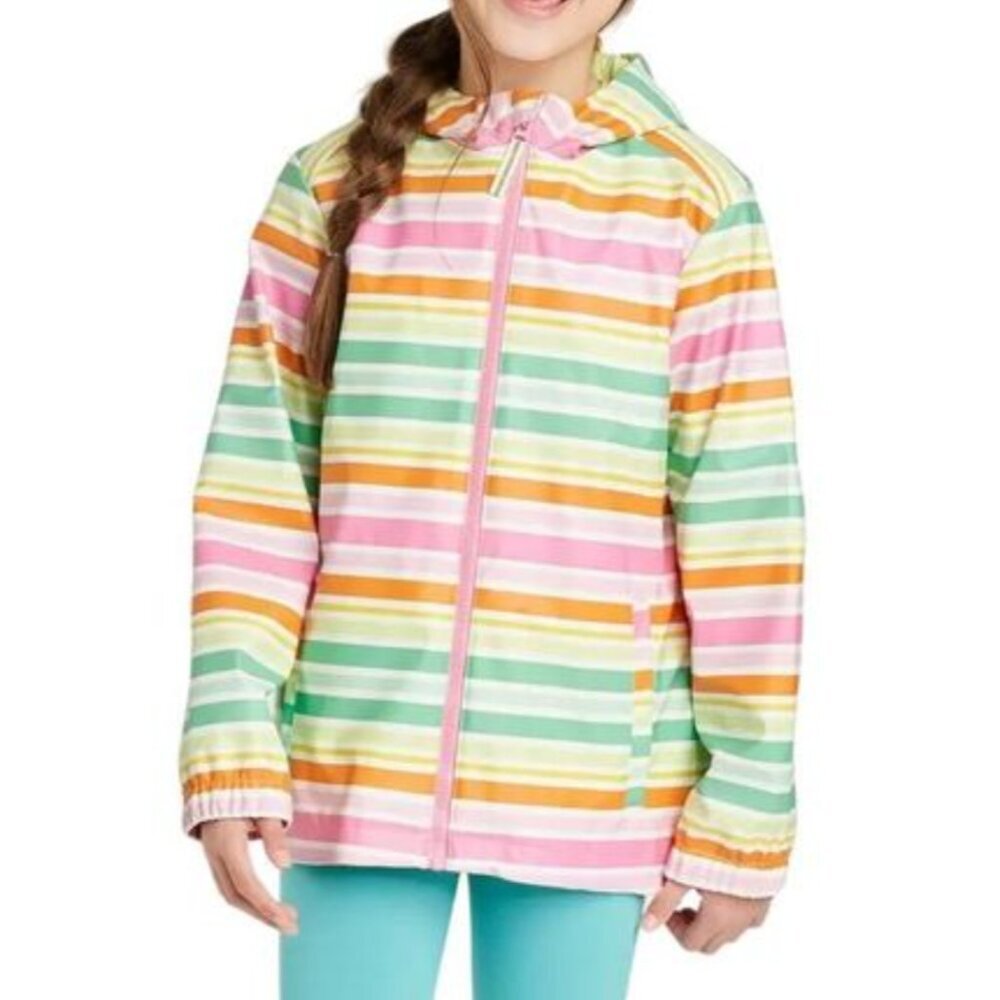 💛 NEW Rain Jacket Full Zip Lined Hood Colorful Stripes Size Girl Large 10/12 - Picture 2 of 10